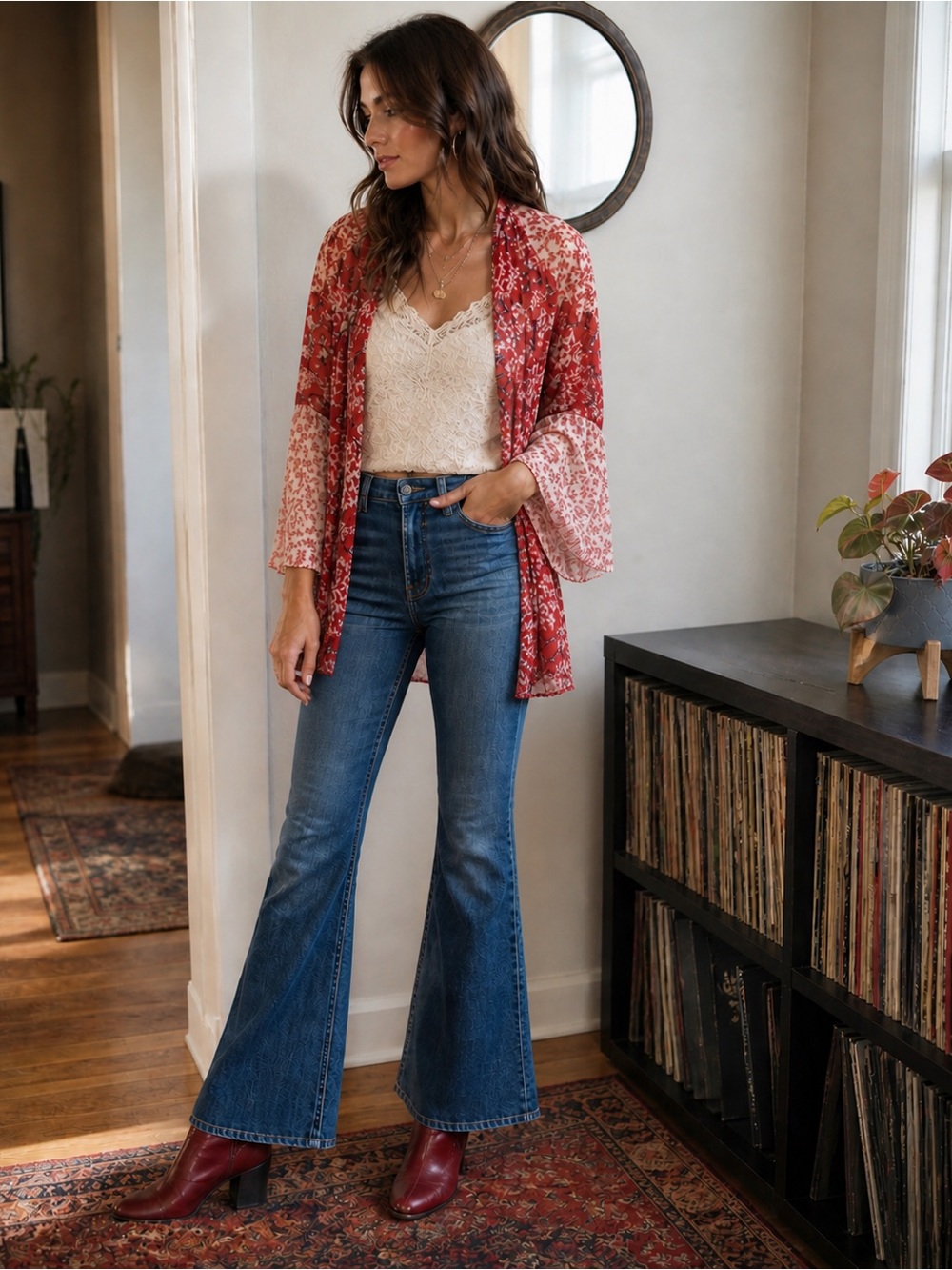 Angie Boho Red Floral Sheer Kimono Bell Sleeve Duster Cardigan Small